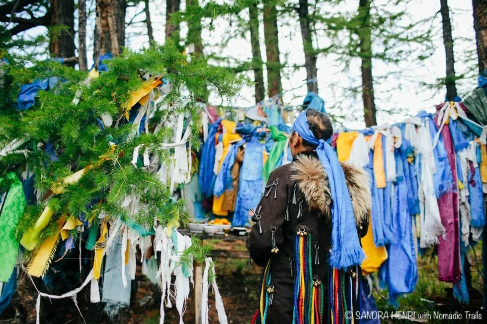 Mongolian shaman at ritual place - Sandra Henri during Spiritual Shaman Tour to Mongolia with Nomadic Trails