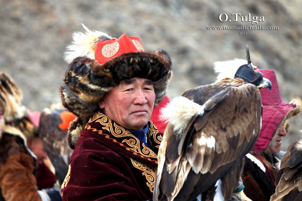 Old Eagle Hunter with his eagle at Eagle Festival Mongolia