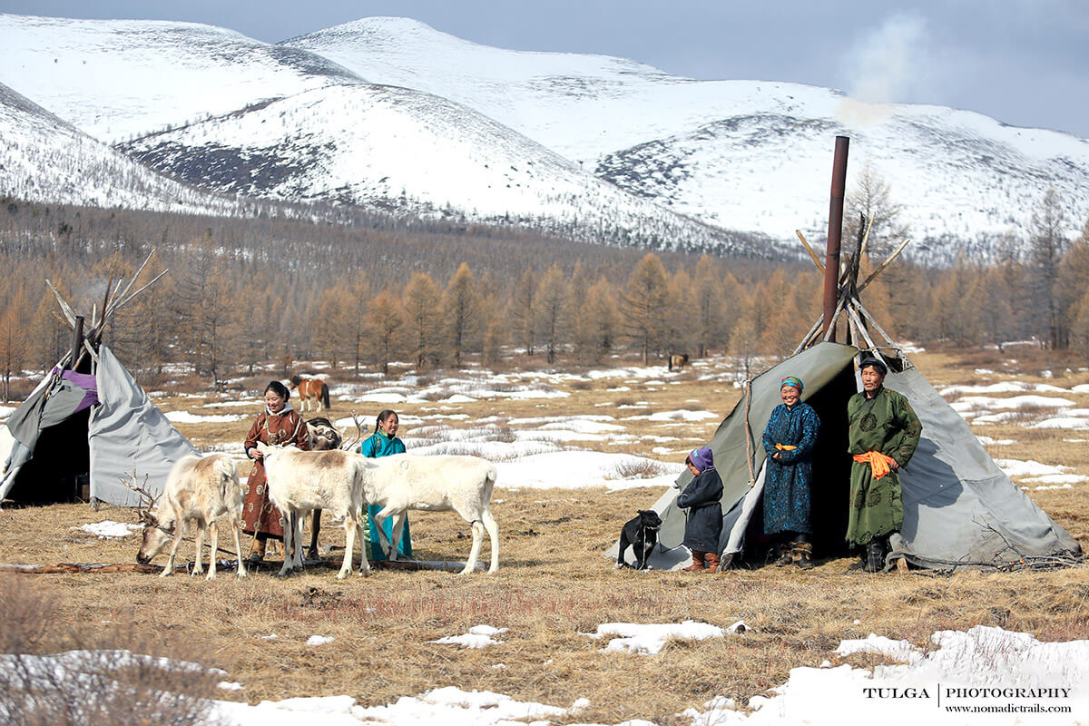 Reindeer Family before teepee at spring camp