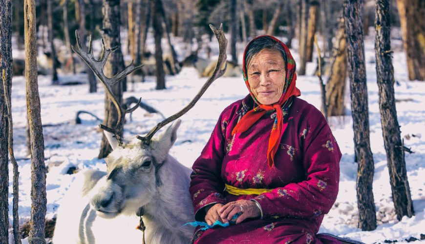 Nomadic Reindeer herders Purevee in winter scenery