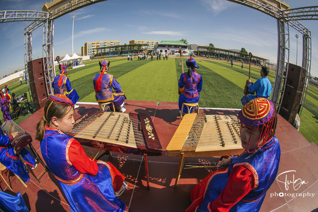 Stage at Naadam Festival with traditional instruments