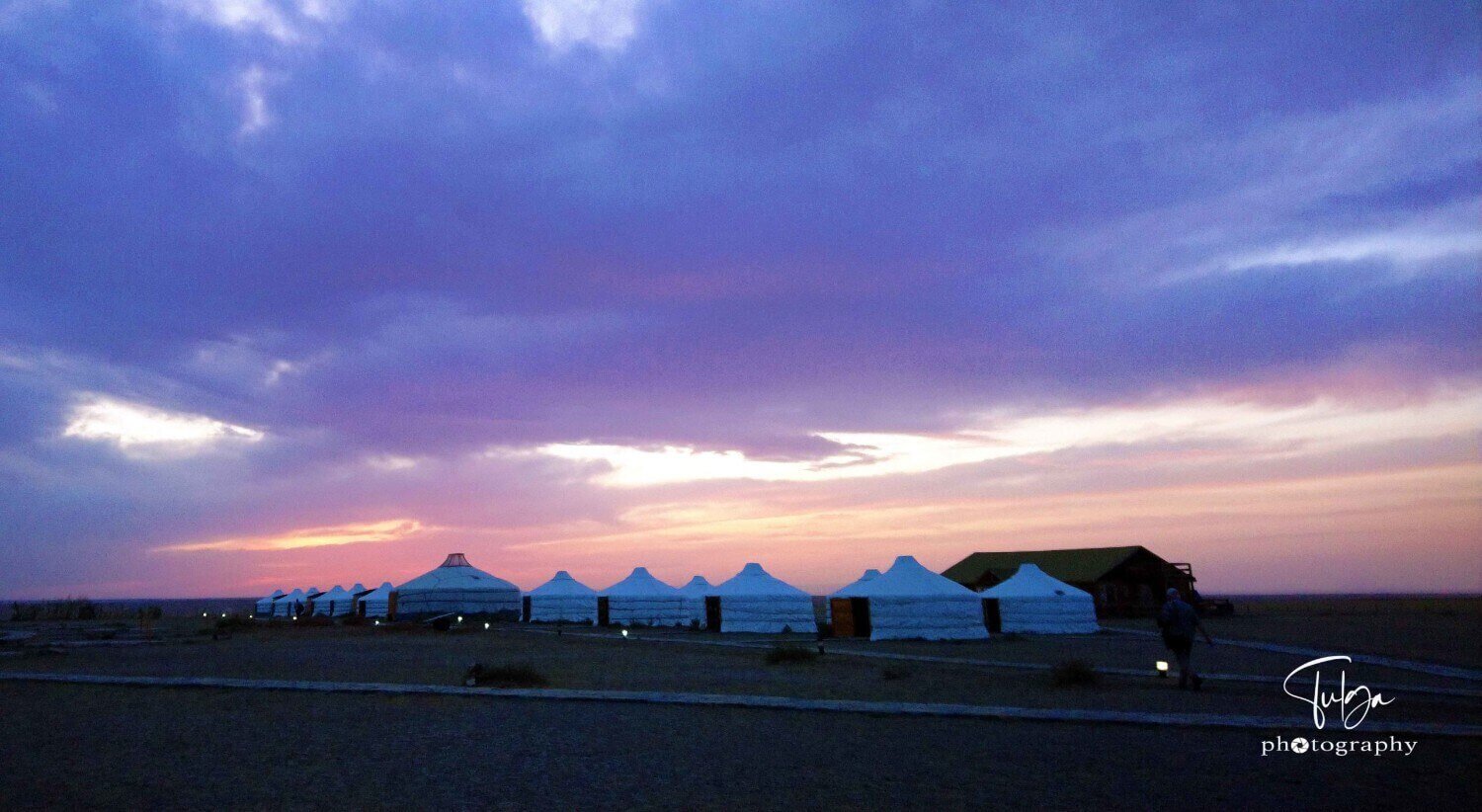 Ger camp in Gobi during sunset