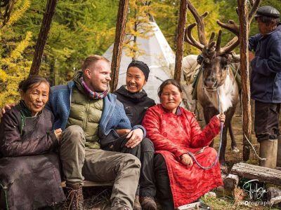 Travellers with Dukha Mongolian reindeer herders