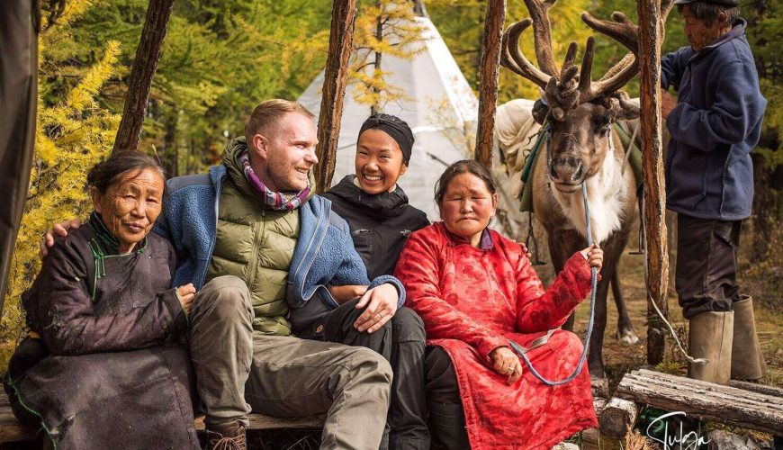 Travellers with Dukha Mongolian reindeer herders