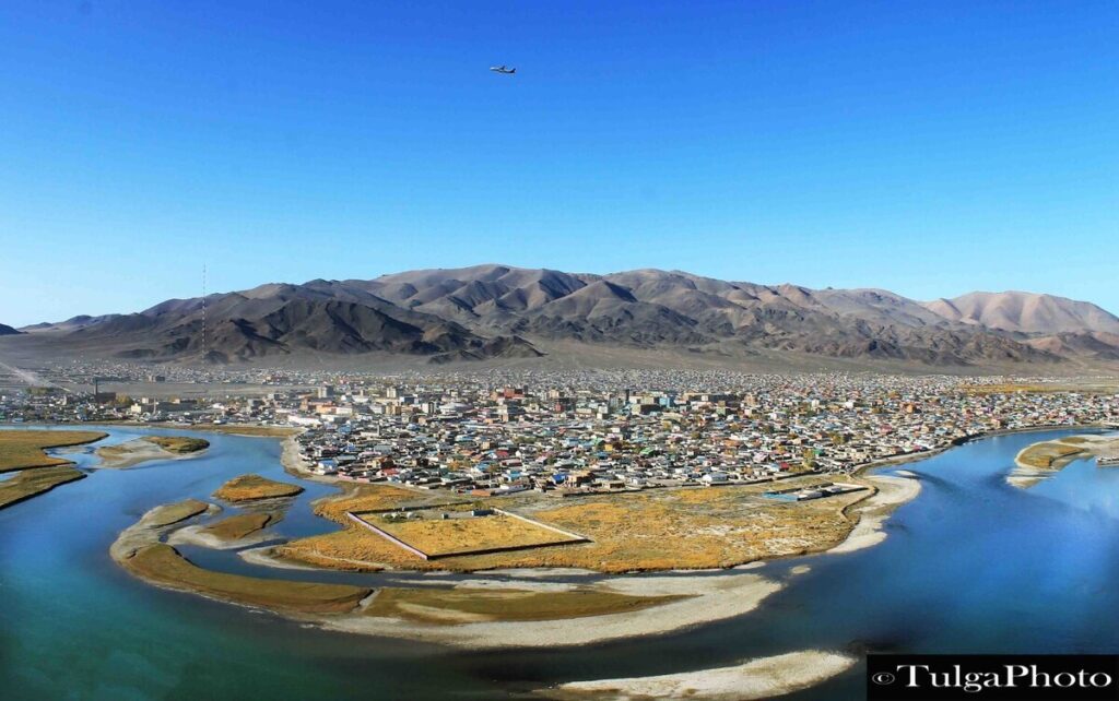 Ulgii town in Western Mongolia from Airplane