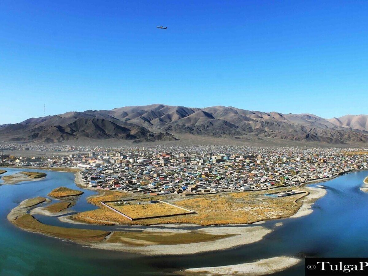 Ulgii town in Western Mongolia from Airplane