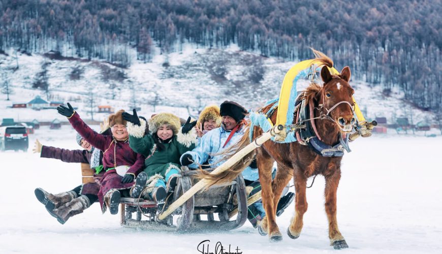 Horse sledding at Khuvsgul lake