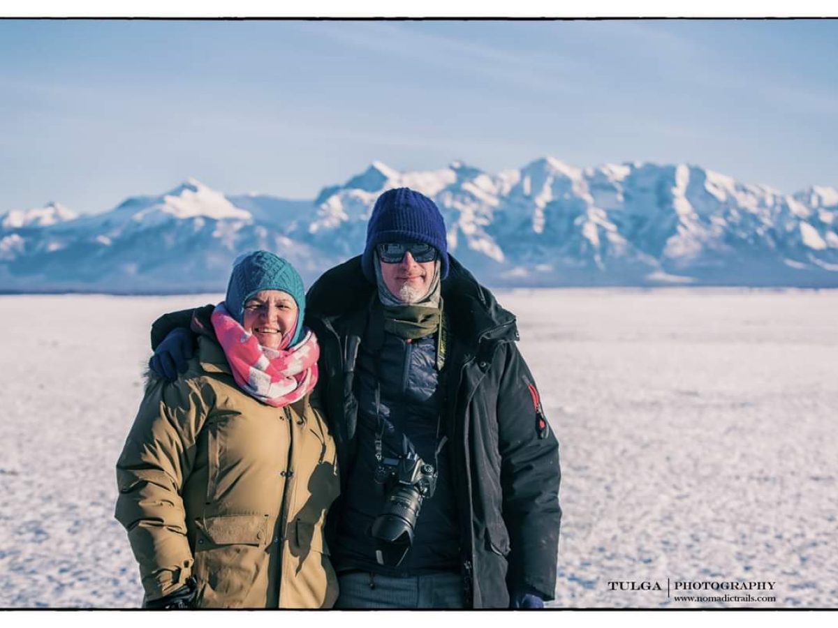 Couple at toilogt ger camp in Winter Tour Mongolia at frozen Khuvsgul Lake
